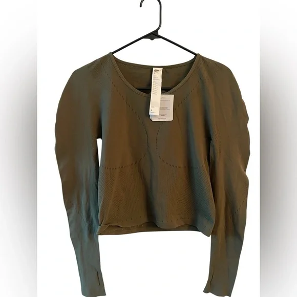 Fabletics Seamless Sculpt Long Sleeve Crop Top Olive Green Workout Top L NWT - Picture 7 of 7